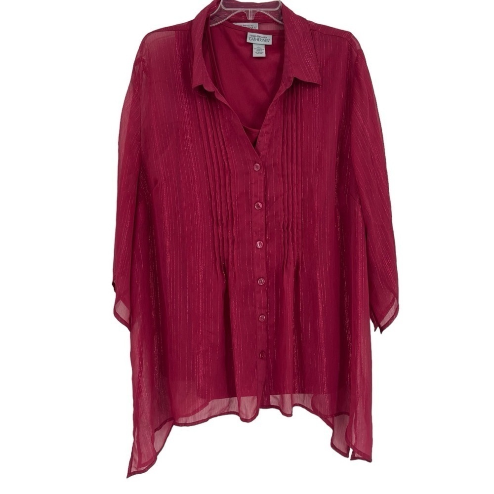 MAGGIE BARNES FOR CATHERINES Maroon LINED Button Up TOP SIZE 2X Metallic
